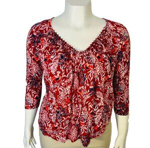 Lucky Brand Blouse Womens M Burgundy Wildflower Floral 3/4 Sleeve Pleated V-Neck